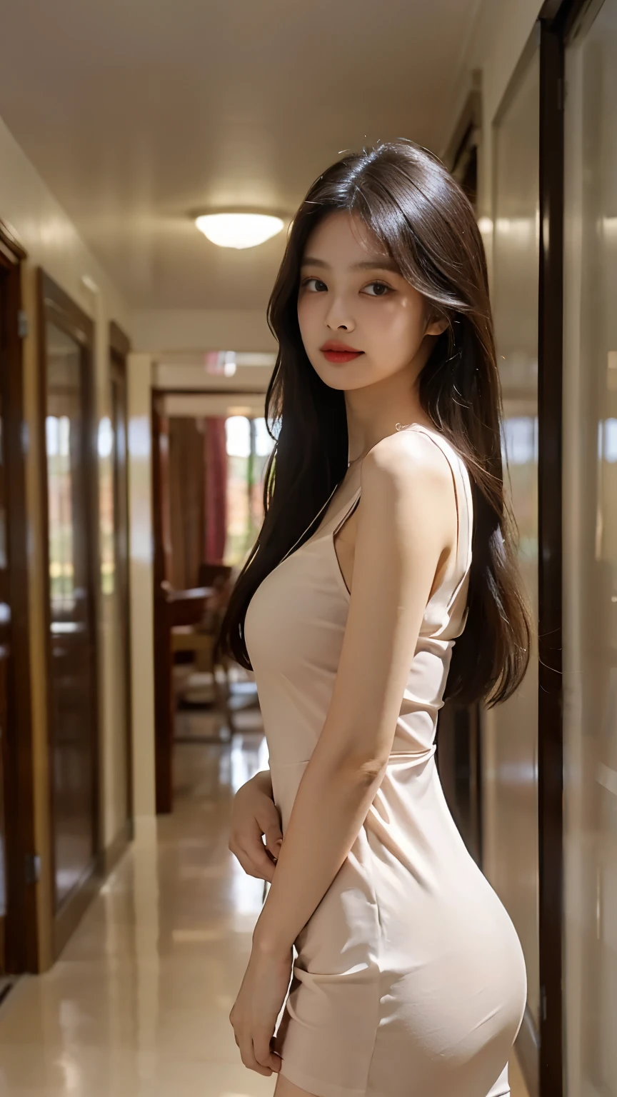 1 Girl,corridor,Soft Light,Chinese Beauty,Tight Fit,dress,Dark-haired,long hair,