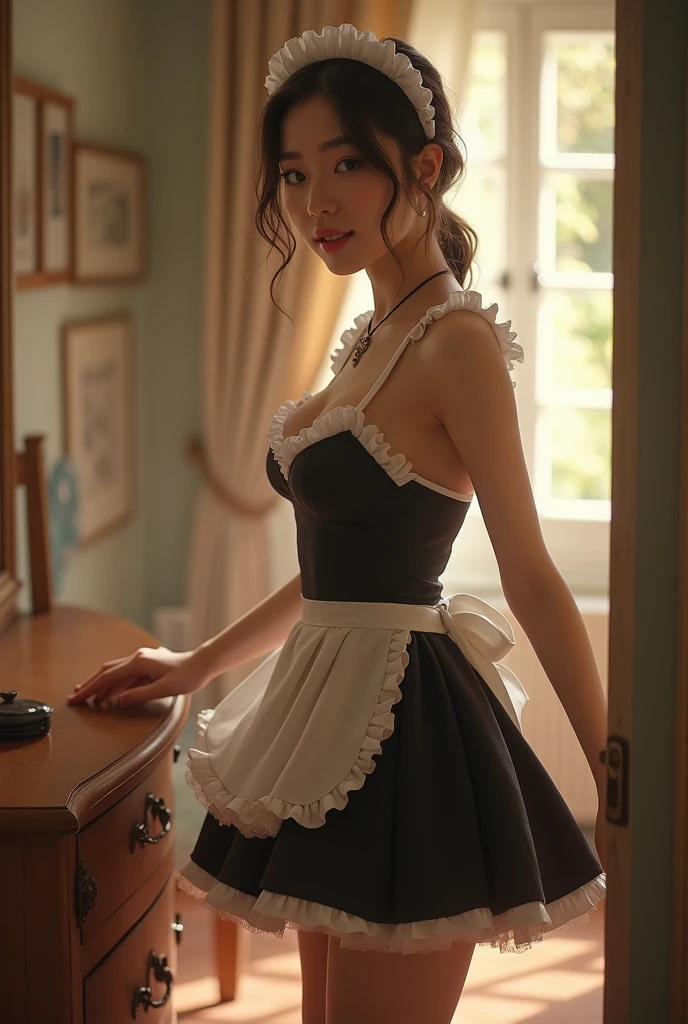a hot girl in a maid's outfit cleaning the floor and showing her pussy and her beautiful big pink breasts, with the face of a naughty whore who wants to give her pussy