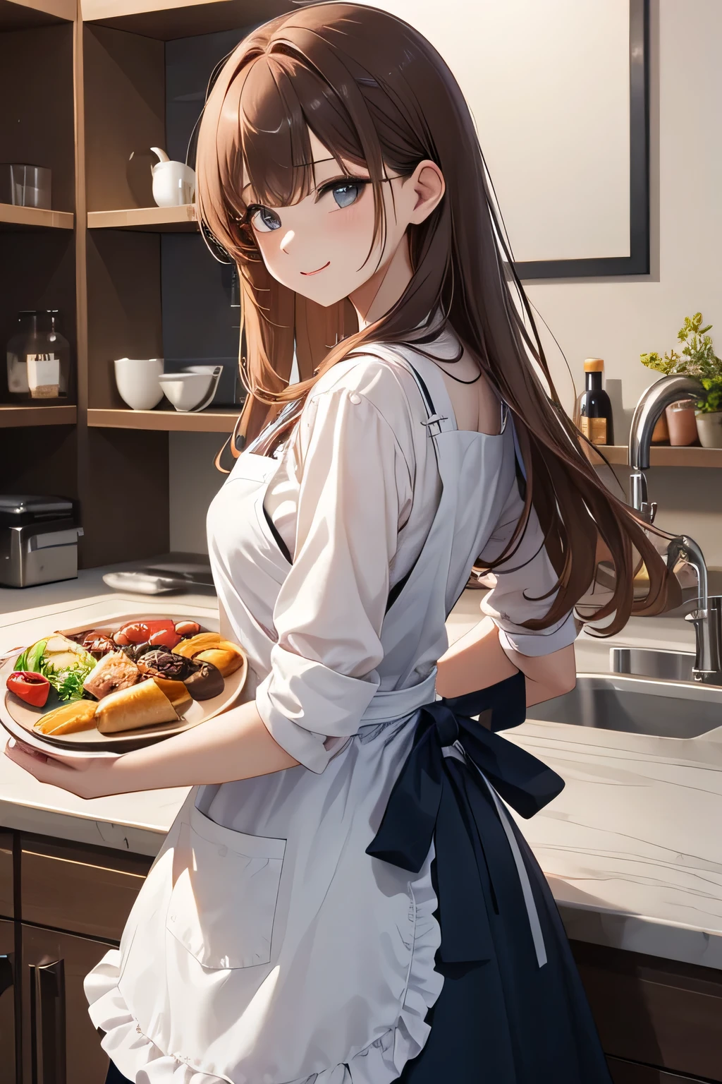 A woman wearing an apron、Look back and smile、Small breasts、Brown long hair、Holding a tray with dishes