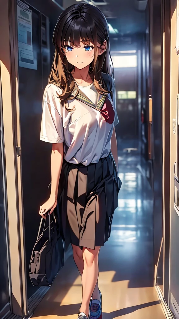 A brown-haired boy, medium length, walking down the school hallway listening to music.