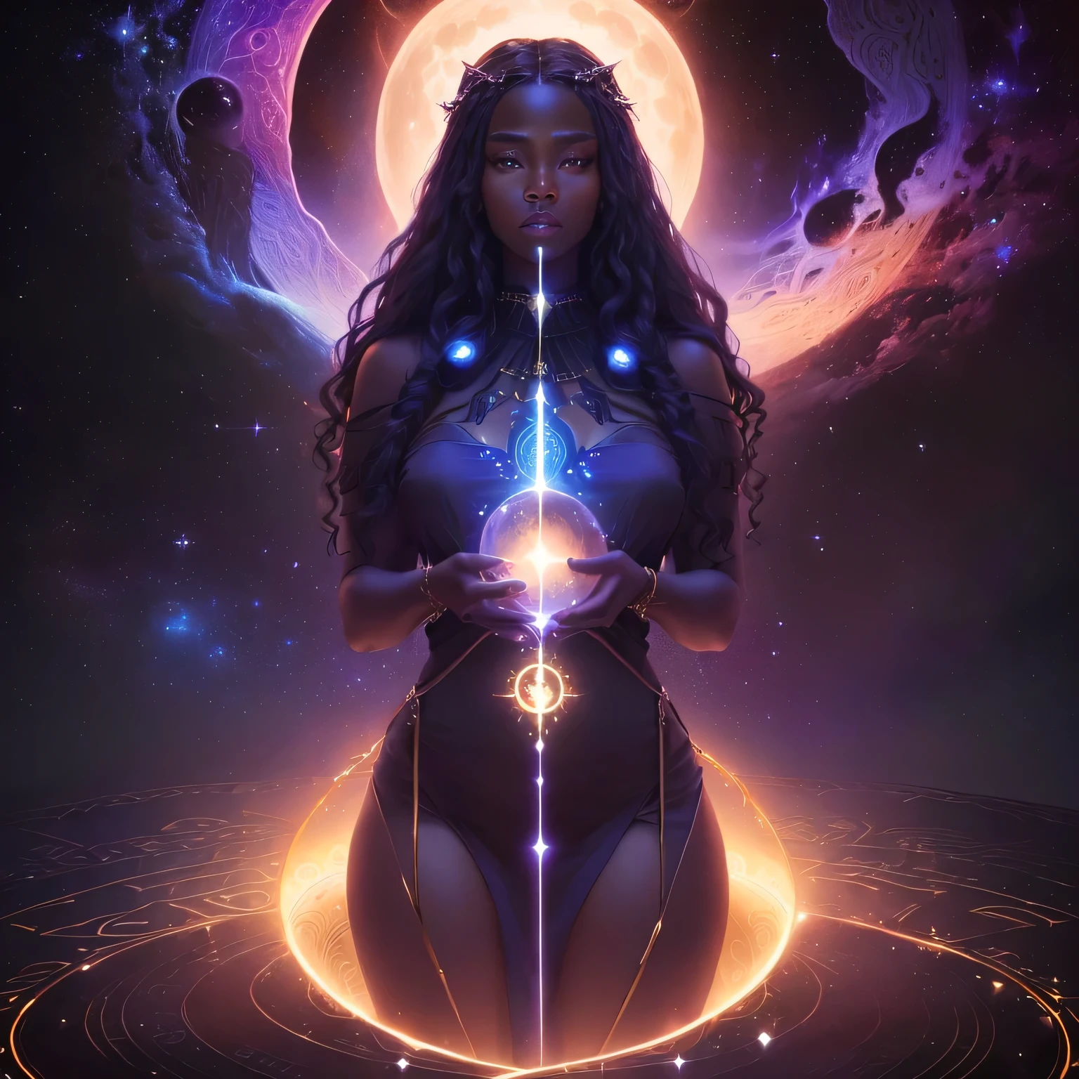 A 8k image of a exotic, celestial being of African decent  with African features. She is very curvy and her ethereal form shimmering with hues of stardust and galaxies, traverses the vast expanse of the cosmos on a glittering cosmic chariot. The image, a vibrant and surreal painting, nude rainbow-hued hair as she navigates through the universe. Her body looks perfect