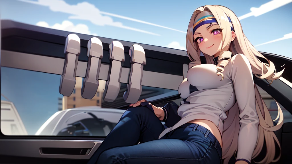 ((best quality)), ((highly detailed)), absurdres, (detailed eyes, deep eyes), (1girl), reflection, on knees, Yu Takeyama, long hair, blonde hair, drill hair, purple eyes, wide hips, breasts, smiling, racing jacket, jeans, pants, white shirt, sneakers, headband, (teku word, on headband), in car, driving, racing