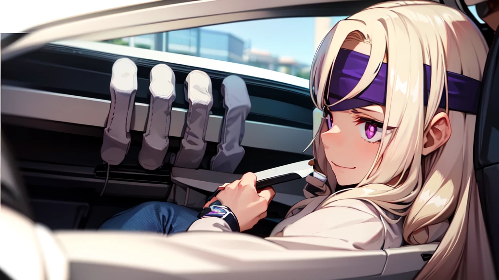 ((best quality)), ((highly detailed)), absurdres, (detailed eyes, deep eyes), (1girl), reflection, on knees, Yu Takeyama, long hair, blonde hair, drill hair, purple eyes, wide hips, breasts, smiling, racing jacket, jeans, pants, white shirt, sneakers, headband, (teku word, on headband), in car, driving, racing