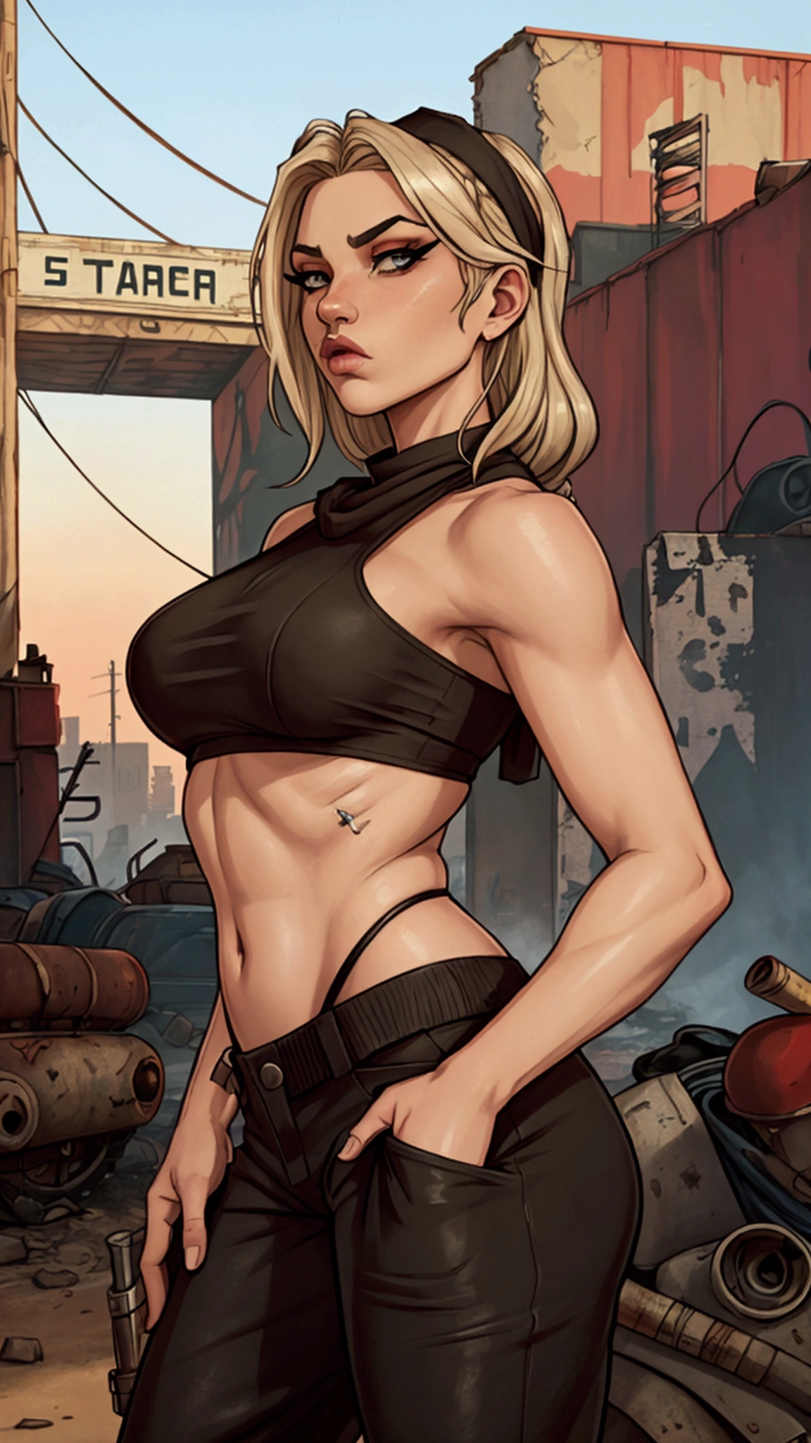 Score_9, score_8, score_7_up, close up, twisted torso, big ass, dark skin, spiky pixie cut, black hair, smile, finger over lip, lipstick, blonde highlights, pierced eyebrow, toned, tight tank top, big breasts, hip holster, thong, ass crack, green eyes, body scars, tactical gloves, dogtags