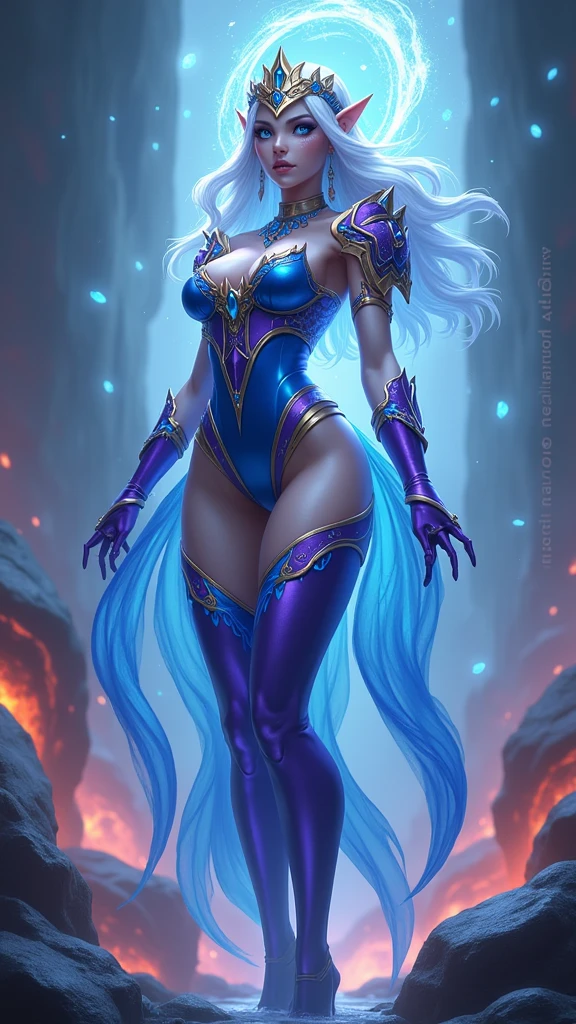 masterpiece, highest quality, solo focus, (perfect face: 1.1), (high detail: 1.1), 1 girl sitting if legs spread on a stone shaped like a druid dragonborn Druid, breasts, solo, neckline, long hair beautiful face, serious face, horns on head, long curly hair, yellow eyes, (blue skin: 2.8), perfect body, fit body, large breasts, muscular, small green thong, fish net socks, extra small bikini, full body, combat boots, open legs, sweaty crotch, wet crotch, temptation poses, see-through, thighs, bare shoulders, thick thighs, big lips, naked, pelvic curtain, forest, night, moon, detailed background, art by artgerm and greg rutkowski, cinematic lighting, vampire, castlevania, fantasy rpg, blue hair, medium shot, light beam, cameltoe, small tight