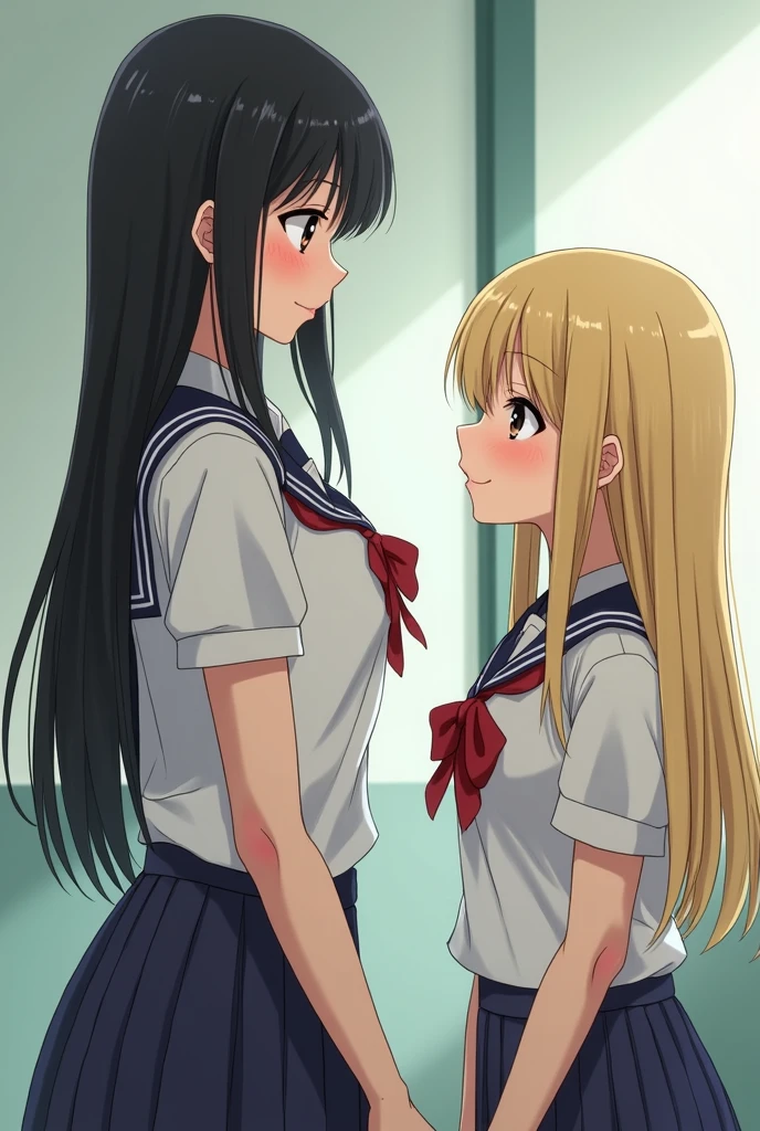 (high quality, 8K, 4K, High Contrast, masterpiece:1.2, 最high quality, Best aesthetics), 2 girls, Blonde hair and lilac eyes, Brown hair and brown eyes, Blushing, Embarrassment, Sailor suit, mini skirt, French kiss, Kiss on the mouth, Tongue kiss, Intimate, Browsing Caution, saliva, bedに腰かけて, Blushed, close your eyes, night, Dim lighting, bed, Silk sheets, cushion, Be alone in your room...