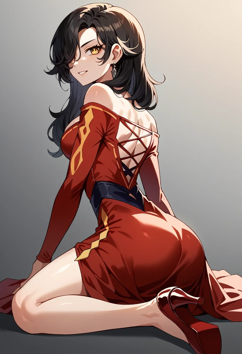 CinderFallRWBYXL, yellow eyes, black hair, long hair, hair over one eye, earrings, medium breasts, black choke, off shoulders, cleavage, red dress, long sleeves, red high heels, seductive smile, on her hands and knees, facing away from viewer, looking back over her shoulder