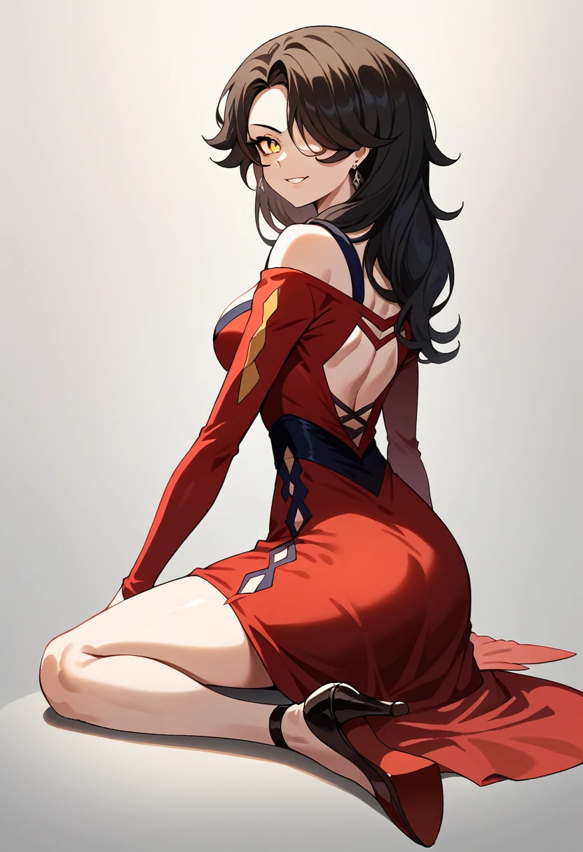 CinderFallRWBYXL, yellow eyes, black hair, long hair, hair over one eye, earrings, medium breasts, black choke, off shoulders, cleavage, red dress, long sleeves, red high heels, seductive smile, on her hands and knees, facing away from viewer, looking back over her shoulder