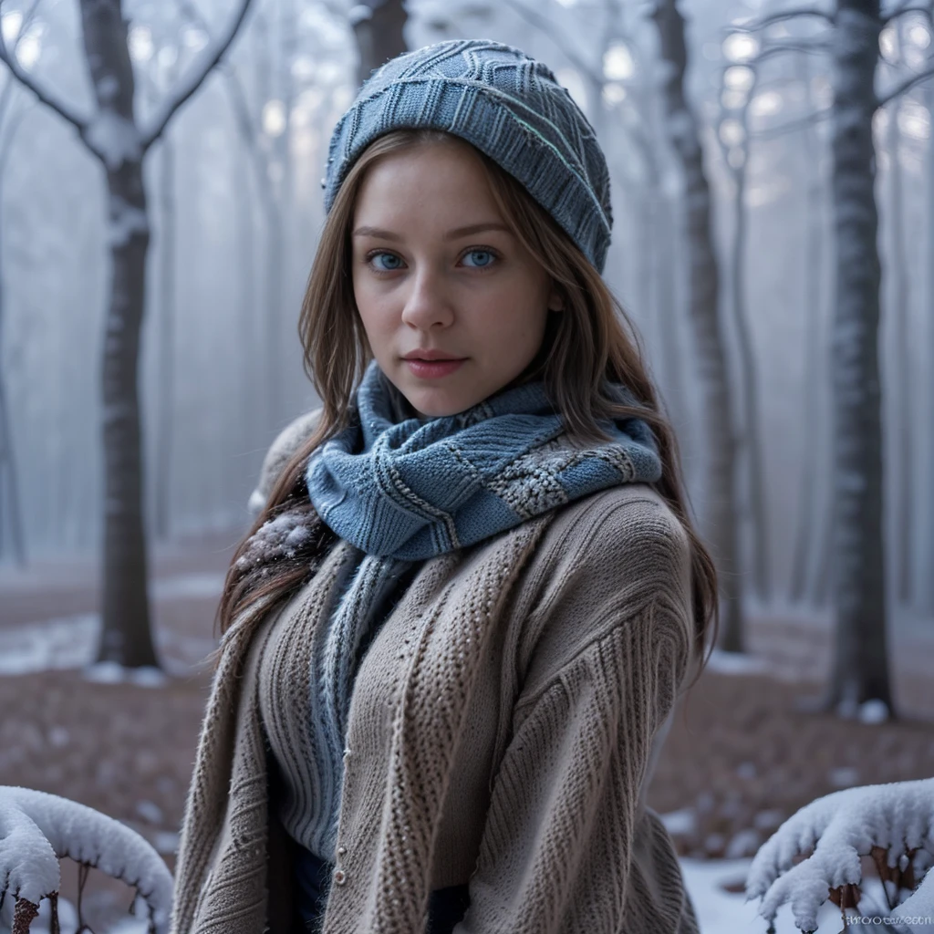 a woman in a cozy knitted sweater and scarf, winter forest scene, snow covered trees, warm lighting, detailed facial features, beautiful blue eyes, intricate knitted patterns, photorealistic, 8k, high quality, masterpiece, cinematic lighting, warm color tones