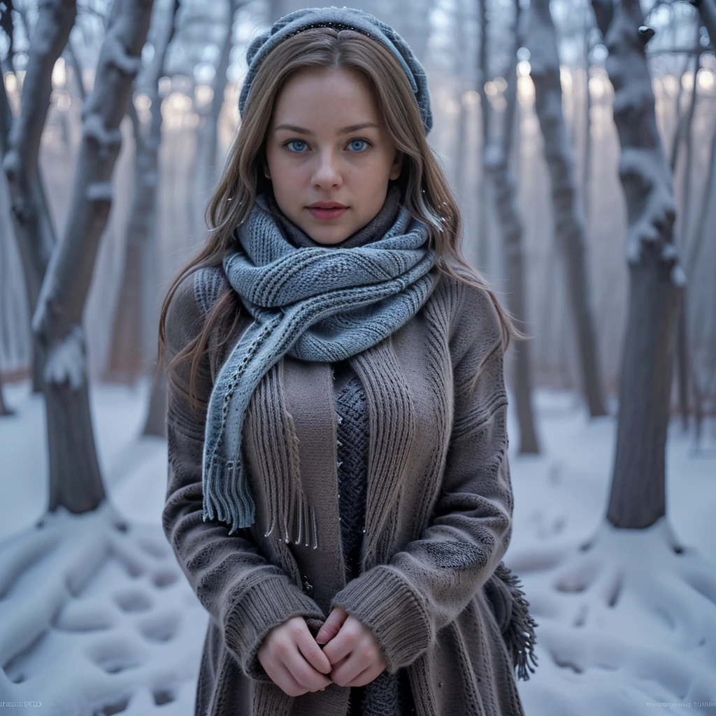 a woman in a cozy knitted sweater and scarf, winter forest scene, snow covered trees, warm lighting, detailed facial features, beautiful blue eyes, intricate knitted patterns, photorealistic, 8k, high quality, masterpiece, cinematic lighting, warm color tones