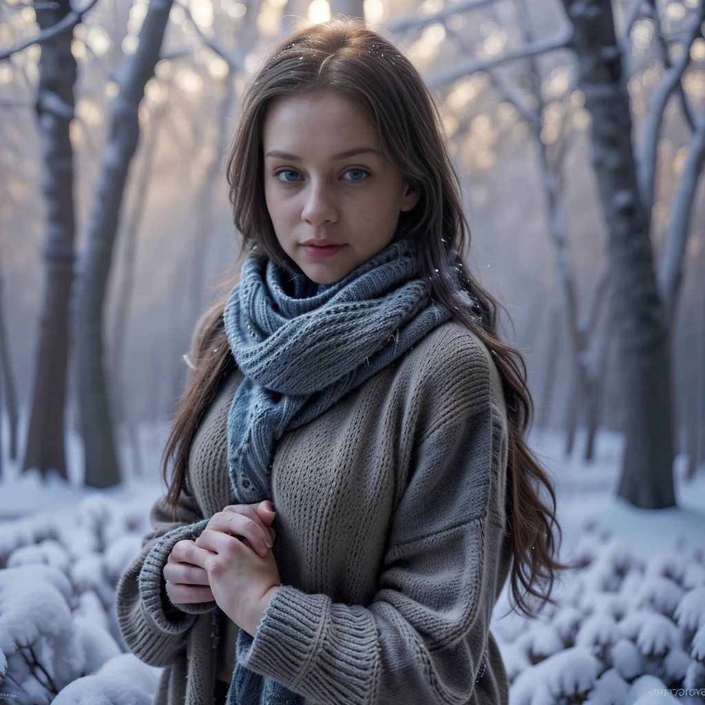 a woman in a cozy knitted sweater and scarf, winter forest scene, snow covered trees, warm lighting, detailed facial features, beautiful blue eyes, intricate knitted patterns, photorealistic, 8k, high quality, masterpiece, cinematic lighting, warm color tones