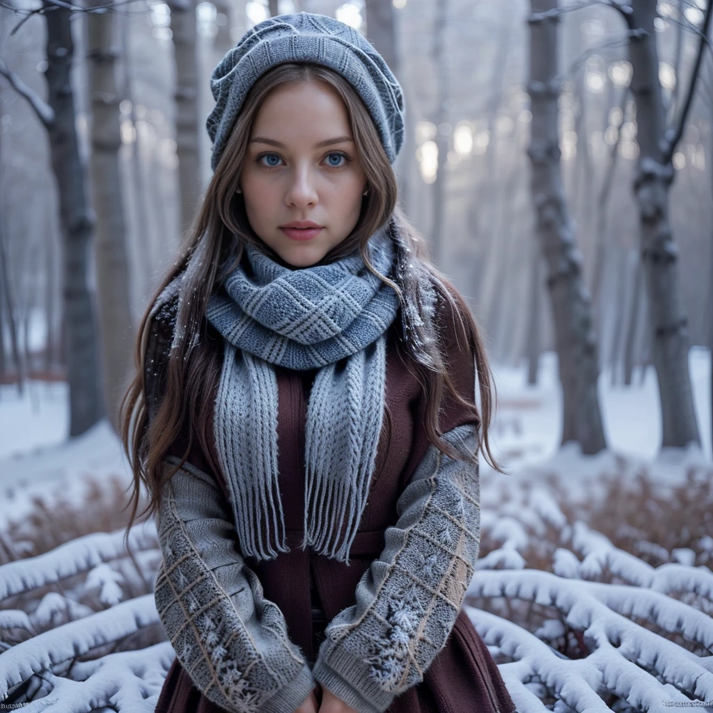 a woman in a cozy knitted sweater and scarf, winter forest scene, snow covered trees, warm lighting, detailed facial features, beautiful blue eyes, intricate knitted patterns, photorealistic, 8k, high quality, masterpiece, cinematic lighting, warm color tones