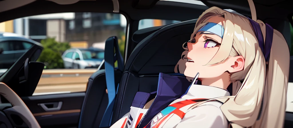 ((best quality)), ((highly detailed)), absurdres, (detailed eyes, deep eyes), (1girl), reflection, on knees, Yu Takeyama, long hair, blonde hair, drill hair, purple eyes, wide hips, breasts, serious, racing jacket, jeans, pants, white shirt, sneakers, headband, (teku word, on headband), in car, driving, racing