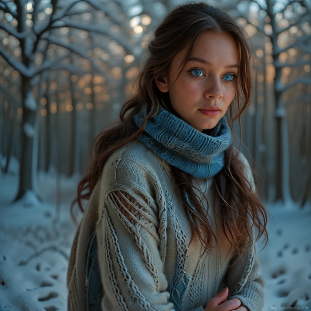 a woman in a cozy knitted sweater and scarf, winter forest scene, snow covered trees, warm lighting, detailed facial features, beautiful blue eyes, intricate knitted patterns, photorealistic, 8k, high quality, masterpiece, cinematic lighting, warm color tones