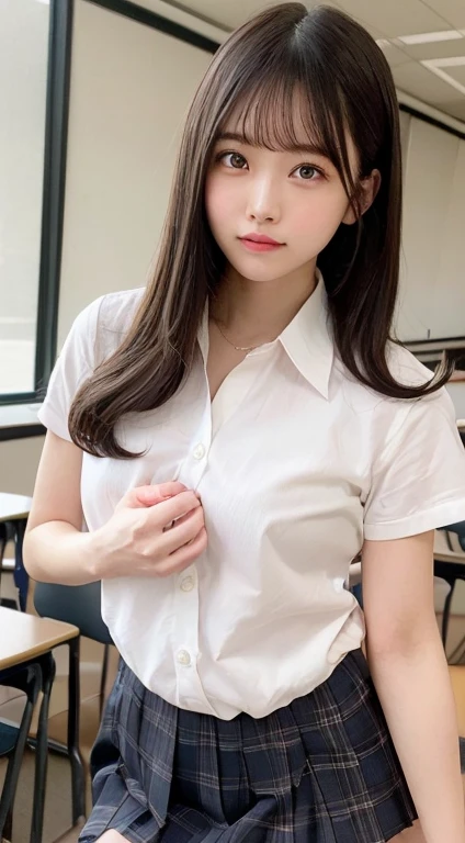 top-quality、High school students、a beauty girl、Brown hair、Pattsun bangs、Braids、a short bob、a small face、student clothes、White shirt、Colossal tits、Chest protruding greatly from the shirt,、A slender、Large with a slender body、Plaid gray skirt、white sock、up chest、atlibrary、Surrounded by bookshelves、Beautiful girl reading a book、Keep an eye on the book、Sunlight shining through the window、Silence、Transcendental tranquility、Super detailed illustration、extra detailed face、Raw photography、film grains、Deviantart Trends、