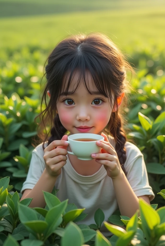 there is a young girl holding a cup of coffee in her hand, girl cute-fine-face, cute natural anime face, with cute - fine - face, sakimi chan, Chiho, Yoshitomo Nara, young cute face, beautiful japanese girls face, brown hair and large eyes, cute kawaii girl, beautiful light big eyes