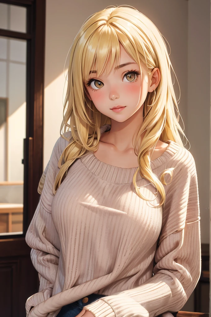 masterpiece, best quality,
1girl, 
 long hair,  blonde hair,
oversized sweater,