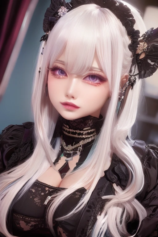 （tmasterpiece，Sideslit，Beautiful eyes：1.2），（tmasterpiece*sportrait），sportrait，busts，（busts），Lifelike，Anatomical correct，3D face，luscious skin，（Solo），Hair with pick-dye，Gradient hair，（closeup of face），Lovely face，（Fire opal-like purple eyes），Hanging eye corners，（（highdetailskin，Visible pores）），（Perfect body），beuaty girl，little breast，（（French clothing）），（neck rings），very short gloves，（chain），（Laser material clothing：1.2）