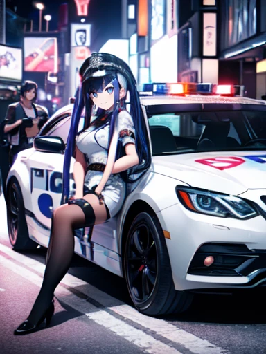 masterpiece, super detailed, beautiful, women, ((police cosplay)),, cosplay，two girls, bubble design, character action figure, excited, evil smile, crouching, arms crossed, legs crossed, riding a bike, looking at viewer, pigtails, ahoge, gradient hair, striped hair, two-tone hair, multi-colored hair, on the road, in the park, on the street, in the city, in a car, cute, pastel academia, from movie stills, cel animation, anime poster, movie poster art, soft surface, full body shot