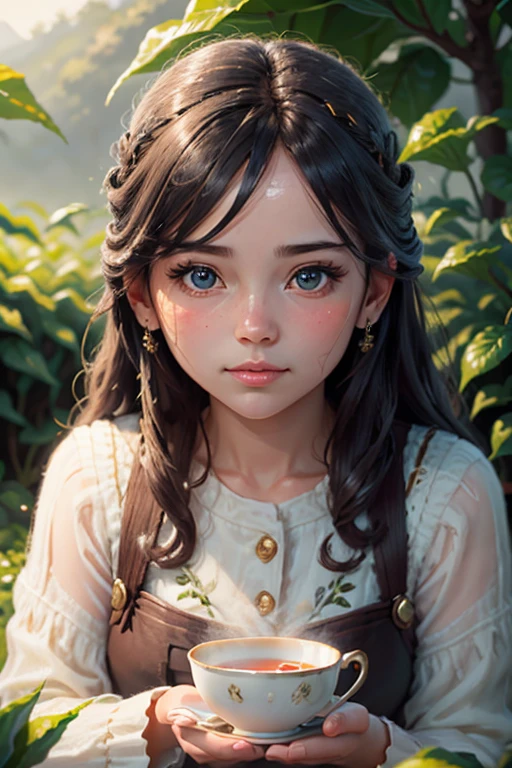 a young girl in a tea field, drinking tea , 8k, photorealistic, beautiful detailed eyes, beautiful detailed lips, extremely detailed face and skin, intricate details, vibrant colors, natural lighting, pastoral, serene, tranquil, cozy, cute, adorable, kawaii