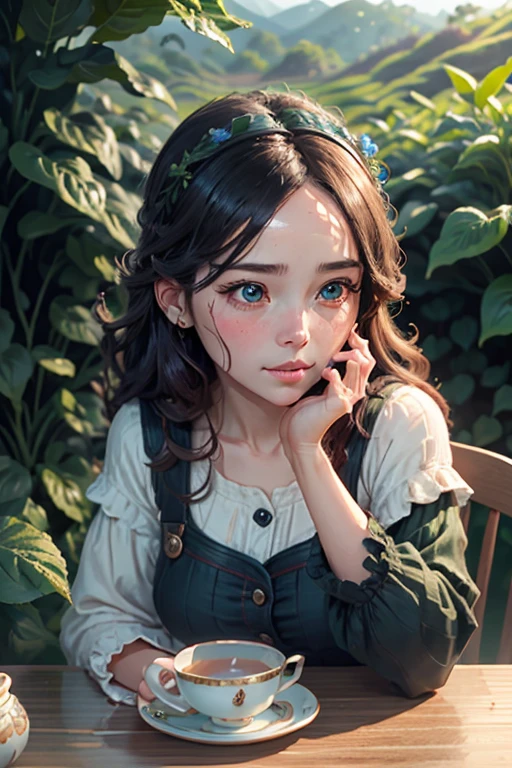 a young girl in a tea field, drinking tea , 8k, photorealistic, beautiful detailed eyes, beautiful detailed lips, extremely detailed face and skin, intricate details, vibrant colors, natural lighting, pastoral, serene, tranquil, cozy, cute, adorable, kawaii