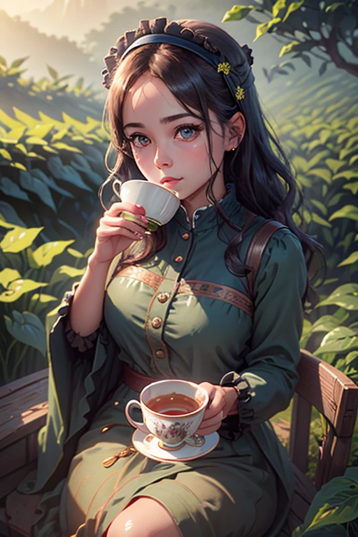 a young girl in a tea field, drinking tea , 8k, photorealistic, beautiful detailed eyes, beautiful detailed lips, extremely detailed face and skin, intricate details, vibrant colors, natural lighting, pastoral, serene, tranquil, cozy, cute, adorable, kawaii