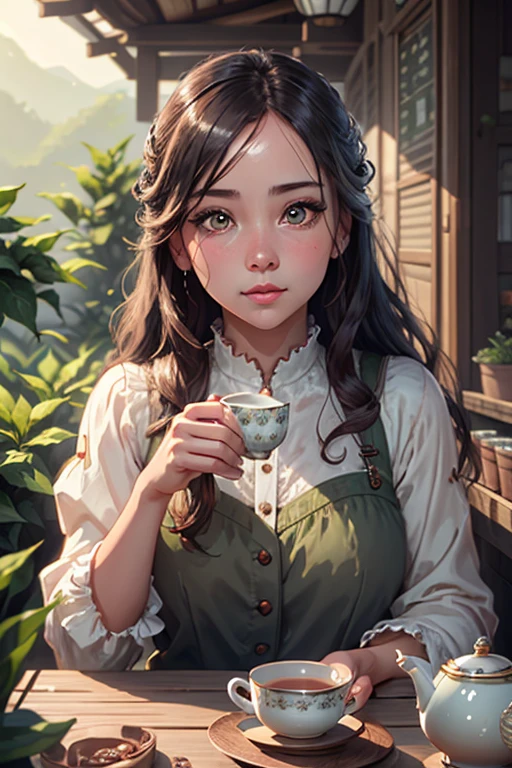 a young girl in a tea field, drinking tea , 8k, photorealistic, beautiful detailed eyes, beautiful detailed lips, extremely detailed face and skin, intricate details, vibrant colors, natural lighting, pastoral, serene, tranquil, cozy, cute, adorable, kawaii