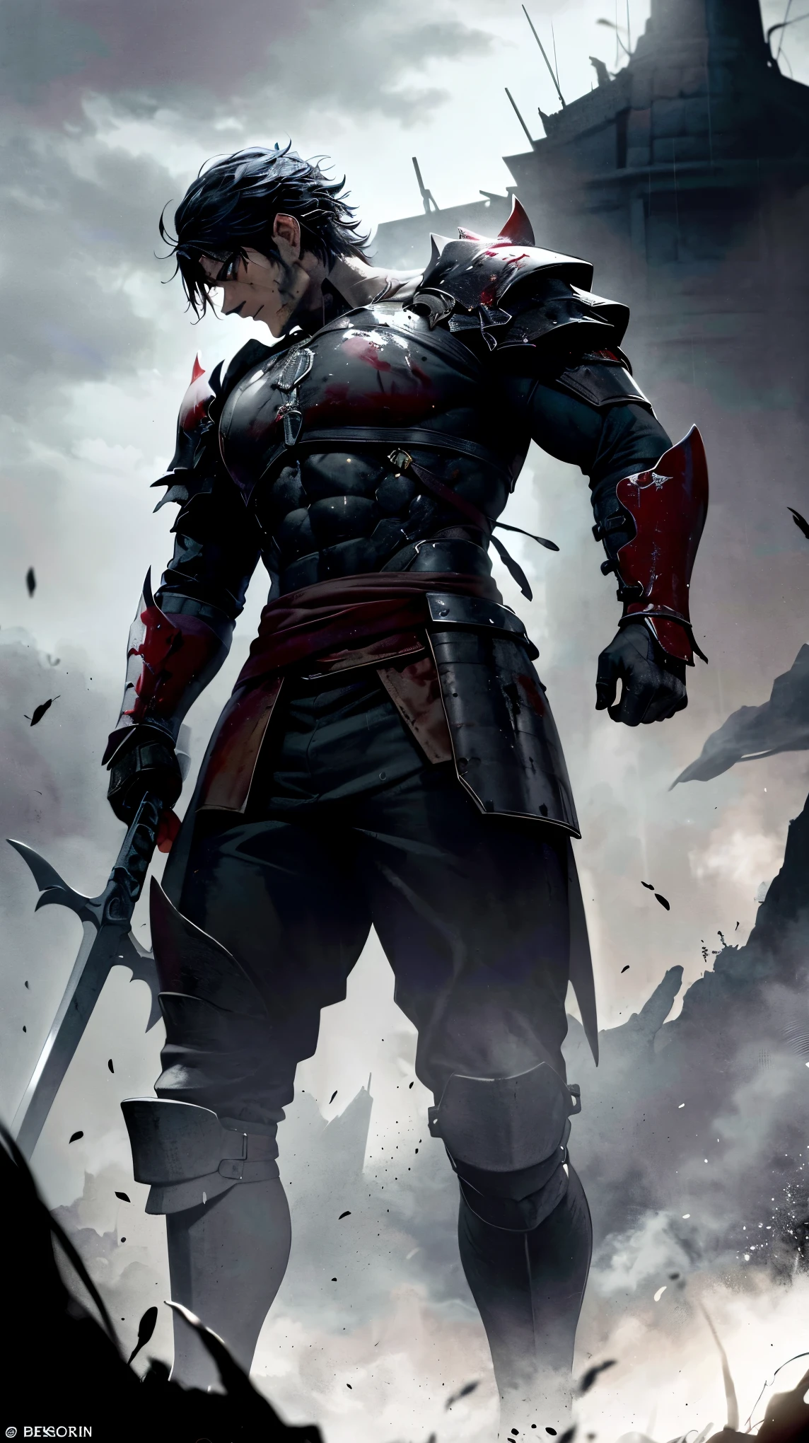 foreground,A dark and powerful warrior, covered in scars and soaked in heavy rain, He holds his sword with a firm hand, as blood runs down his scarred face. His damaged and worn armor reflects the faint light of the storm., with drops of water sliding down its metal plates. The environment is full of deep shadows, with only the rain and the brightness of his intense eyes, that emit a penetrating white light in the middle of the darkness. The warrior is enveloped in an aura of contained fury, with his jaw clenched and an expression that reveals both pain and determination,Guts,The Warrior of Berserk, appears in the foreground, leaning forward under the torrential storm, holding his gigantic sword with a firm hand as he rests on it. His posture denotes extreme physical exhaustion but at the same time an unwavering determination.. His face, in a close and dramatic shot, It is covered with open wounds from which runs a thick, dark flow of blood., with a dull red tone that barely reflects light. Guts&#39; eyes glow a ghostly white., expressing a mixture of anger and frustration, while his jaw is clenched with suppressed fury.

The metal armor covering his body shows the wear and tear of countless battles., with scratches and dents reflecting the scant light of the storm. In his neck, the rolled layer, Soaked in the rain, fits firmly under your armor. The image is in black and white with a monochrome filter, except for blood, which appears in a deep shade of dark red, highlighting the brutal state of the battle. The shadows and lights are accentuated, creating a dramatic contrast that draws the eye to Guts&#39; fierce expression. Distance and focus maintain a close plane, capturing every detail of his face and the edge of the sword, while the background remains out of focus, immersed in darkness and rain