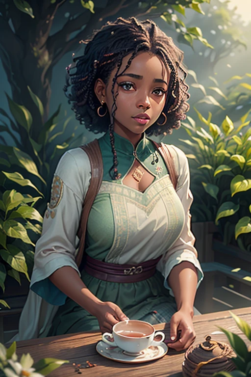 a young girl(afrocentric) in a tea field, drinking tea , 8k, photorealistic, beautiful detailed eyes, beautiful detailed lips, extremely detailed face and skin, intricate details, vibrant colors, natural lighting, pastoral, serene, tranquil, cozy, cute, adorable, kawaii