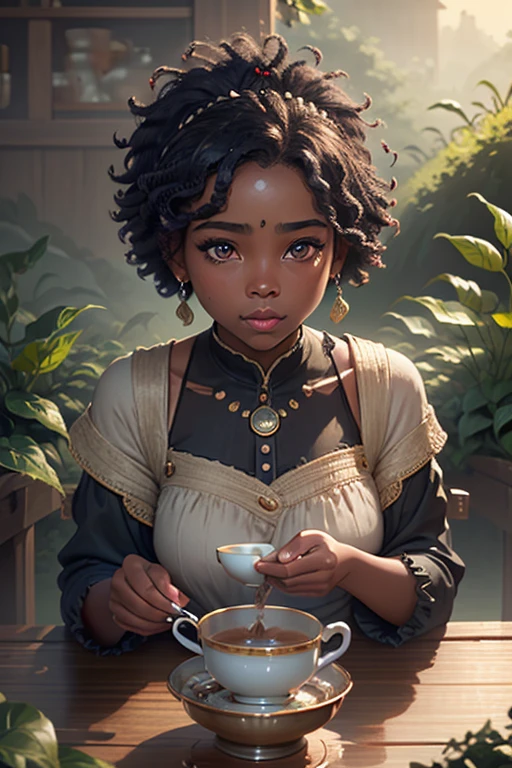 a young girl(afrocentric) in a tea field, drinking tea , 8k, photorealistic, beautiful detailed eyes, beautiful detailed lips, extremely detailed face and skin, intricate details, vibrant colors, natural lighting, pastoral, serene, tranquil, cozy, cute, adorable, kawaii