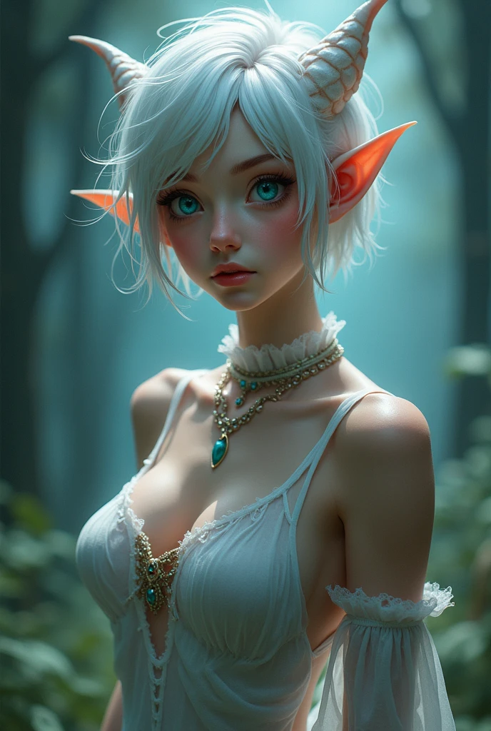 8K, Ultra High Definition, Super detailed, Shiny detailed hair, detailed face, fantasy landscape, solo, looking at viewer, {{best quality}}, {{masterpiece}}, {{ultra-detailed}}, {detailed light}, ultra high quality eyes, detailed eyes, perfect eyes, large eyes, detailed green eyes, white hair, short hair, tied hair, beautiful, skinny body, white skin, slutty, erotic, blushing, ahegao, standing in suggestive pose, ((nsfw))