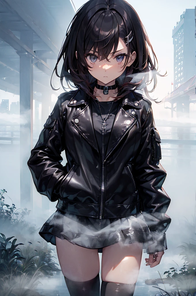 ((Highest quality)), ((masterpiece)), ((detailed)), (4K), 1girl, 独奏, short hair, black hair, (eyepatch), purple eye, crop top, leather jacket, Torn miniskirt, suspender skirt, torn pantyhose, panties, panties under pantyhose, choker, bracelet, erect nipples, rain, (wet), expressionless, scowl, ass pov, (looking down), looking at viewer, wasteland