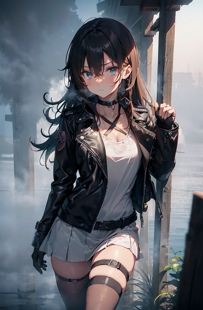 (Mysterious Fog:1.5), The background is the lakeside, The time is dawn, Sad, (flat chest:1.5), rider, Black Leather Jacket, Misaka Mikoto, 1girl, black choker, uhd, retina, masterpiece, ccurate, anatomically correct, textured skin, super detail, high details, high quality, best quality, highres, 4K
