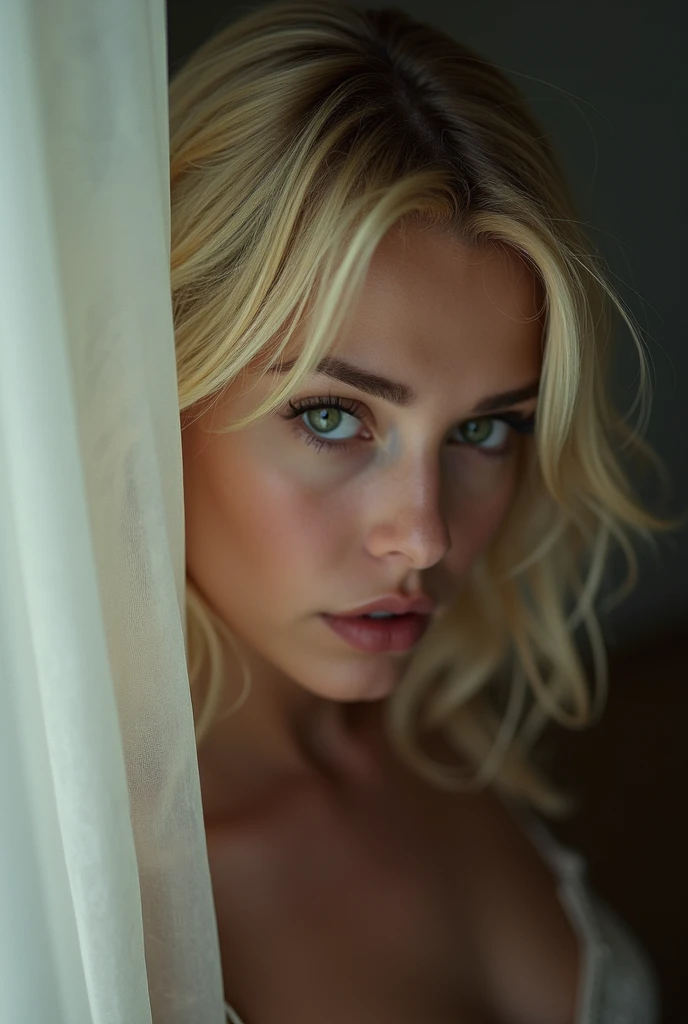 beautiful European girl with blue eyes and blonde hair, stands in front of the bed, Completely naked, shows her naked breasts, seductive, ultra High resolution, (photorealestic: 1.4), High resolution , (Finely detailed skin), (blue eye), (proporções perfeitas) (Realistic photos) (Head of'artwork) (photorealestic), Ultrarealistic (best quality) (detailed) photographed on a Canon EOS R5, 50mm lens, F/2.8, (8k) (Below'Screen) (Cinema lights) (dramatic lighing) (complex) vogue