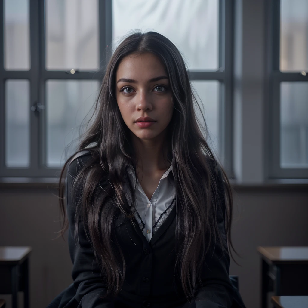 1girl, black school uniform, sitting in classroom, beautiful detailed eyes, beautiful detailed lips, extremely detailed face, long eyelashes, serious expression, sunlight through window, cinematic lighting, depth of field, photorealistic, 8k, hyperdetailed, intricate details, sharp focus, vibrant colors, natural lighting, warm color palette, cinematic composition, atmospheric