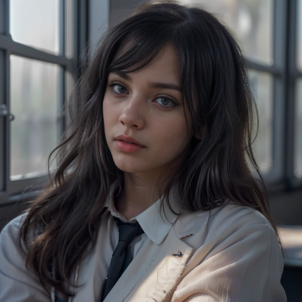 1girl, black school uniform, sitting in classroom, beautiful detailed eyes, beautiful detailed lips, extremely detailed face, long eyelashes, serious expression, sunlight through window, cinematic lighting, depth of field, photorealistic, 8k, hyperdetailed, intricate details, sharp focus, vibrant colors, natural lighting, warm color palette, cinematic composition, atmospheric