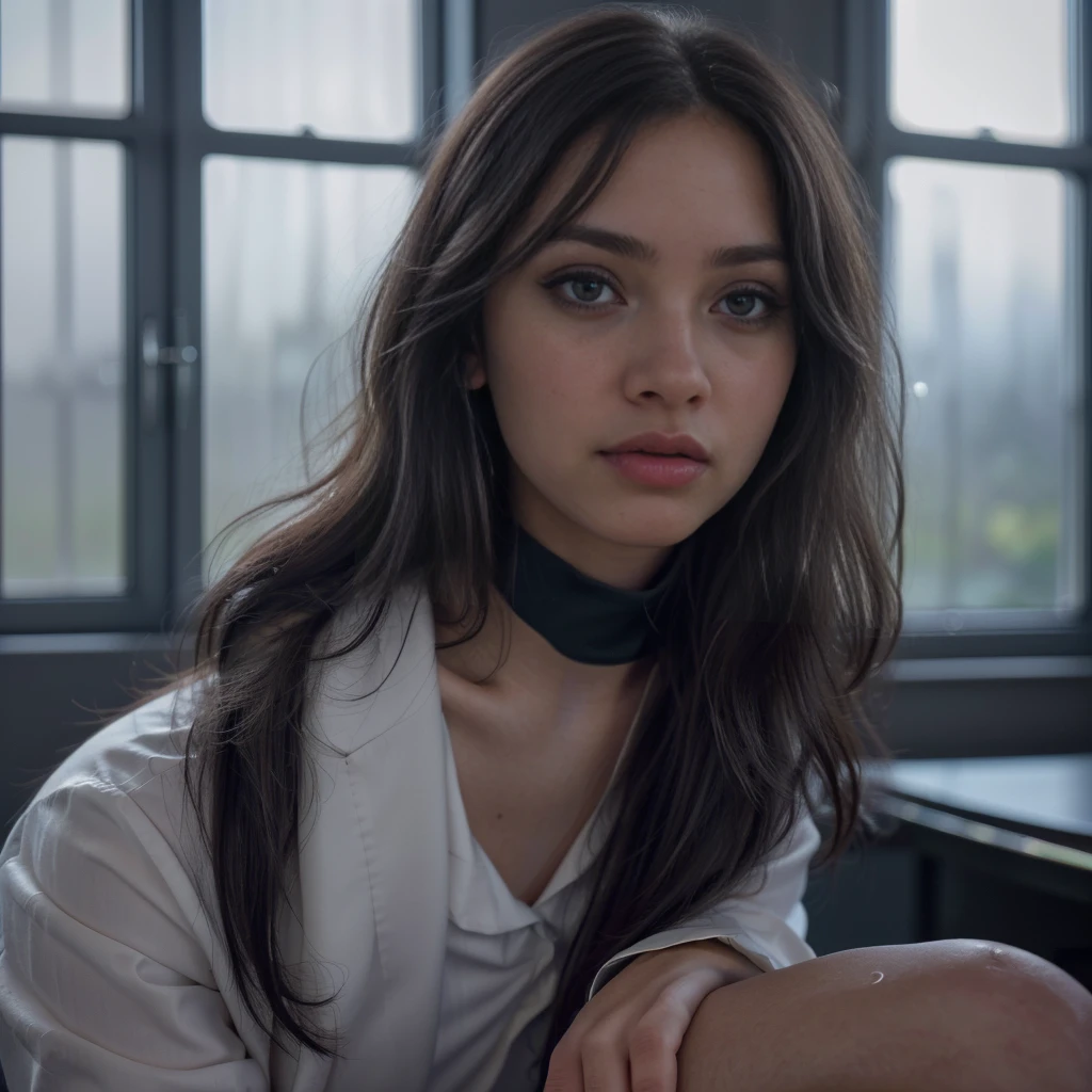 1girl, black school uniform, sitting in classroom, beautiful detailed eyes, beautiful detailed lips, extremely detailed face, long eyelashes, serious expression, sunlight through window, cinematic lighting, depth of field, photorealistic, 8k, hyperdetailed, intricate details, sharp focus, vibrant colors, natural lighting, warm color palette, cinematic composition, atmospheric