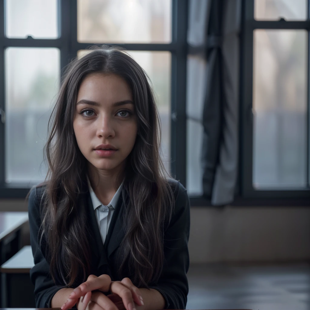 1girl, black school uniform, sitting in classroom, beautiful detailed eyes, beautiful detailed lips, extremely detailed face, long eyelashes, serious expression, sunlight through window, cinematic lighting, depth of field, photorealistic, 8k, hyperdetailed, intricate details, sharp focus, vibrant colors, natural lighting, warm color palette, cinematic composition, atmospheric