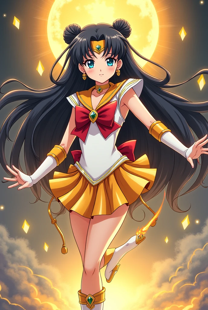 masterpiece, best quality, highres, sama1, tiara, sailor senshi uniform, white gloves, red sailor collar, red skirt, star choker, elbow gloves, pleated skirt, bare legs, purple bow, magic, fire, moon, city standing, cowboy shot, fire_particles