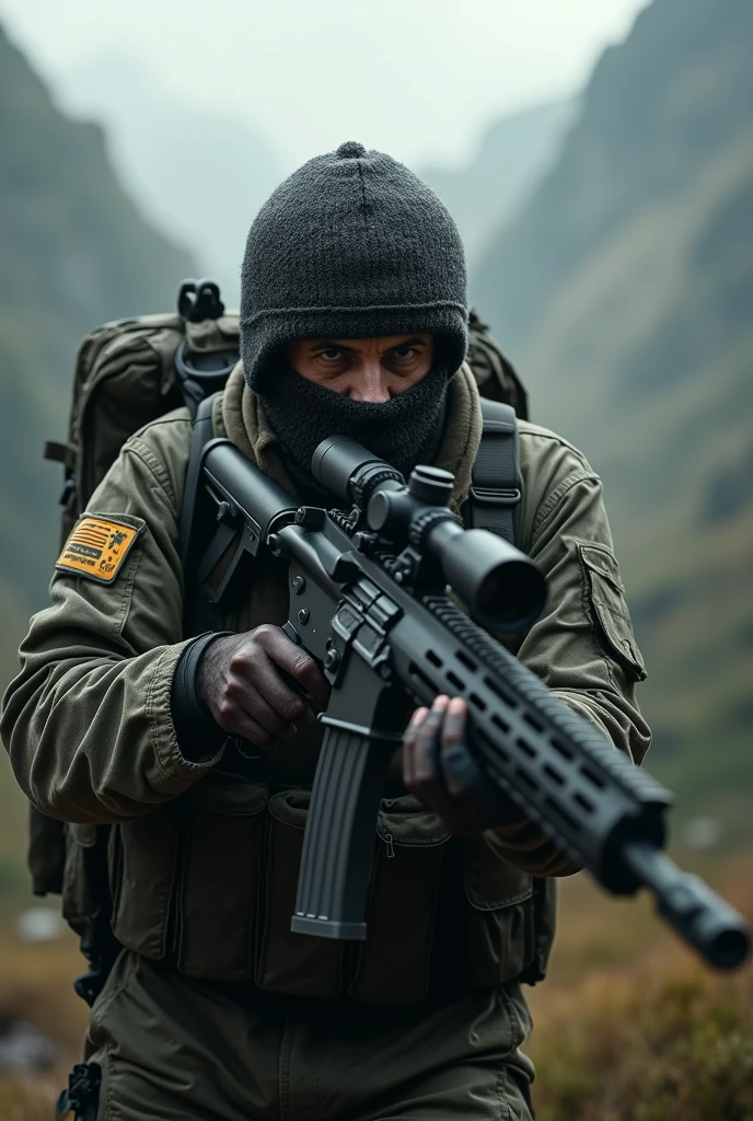 Drone photographs stunning snow-capped mountain tops,k hd,Blue sky highres:1.2,realistic)Chechen Shepard covered face, mountain,portrait,dark atmosphere,dramatic lighting,rough texture,ominous sky,militant,fierce expression,shadowy figures,camouflage clothing,piercing eyes,tense atmosphere,mysterious,decorative headgear,gritty details,harsh environment,remote location,minimalistic background,strong contrast,strong shadows,warrior,hidden identity,loneliness,survival instincts,impending danger,exotic landscape,untamed wilderness,controlled aggression,determined stance,seriousness,rough terrain,stealth,unyielding spirit,unpredictable nature,sharp focus