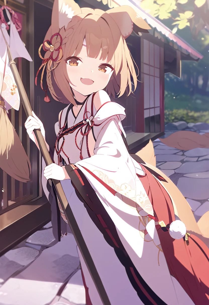 Masterpiece、、Shrine Maiden Costume、shrine、Fox ears and tail、A cute single fang、Very small breasts、Brown Hair、An innocent smile、fun、Holding a broom and cleaning、