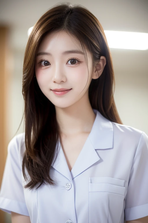((highest quality、masterpiece、High resolution))、(((Zoom photo of upper body)))、A shy smile、15 years old、Large Breasts、Nurse uniform、Black Hair、Trimmed bangedium Hair))
