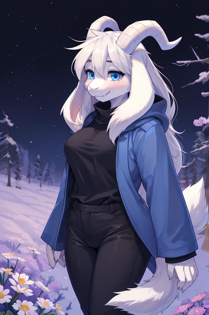 woman, young adult, shy, alone, in a field of flowers, furry, goat, anthropomorphic goat, Asriel, Undertale ((Asriel Dreemurr)), medium large breasts, big ass, wide hips, perfect female body, tall, (( long hair, long white hair, straight hair )), blue eyes, anthropomorphic face, cartoon, smile, eskimo coat ((blue coat, no drawing, eskimo coat)), metacarpal paw, black blouse ((black shirt, black pants)), goat's tail, short horns, white horns ((droopy ears, big ears)), goat's paw, anthropoporphic paw, detailed, best quality, best detail, details and quality.