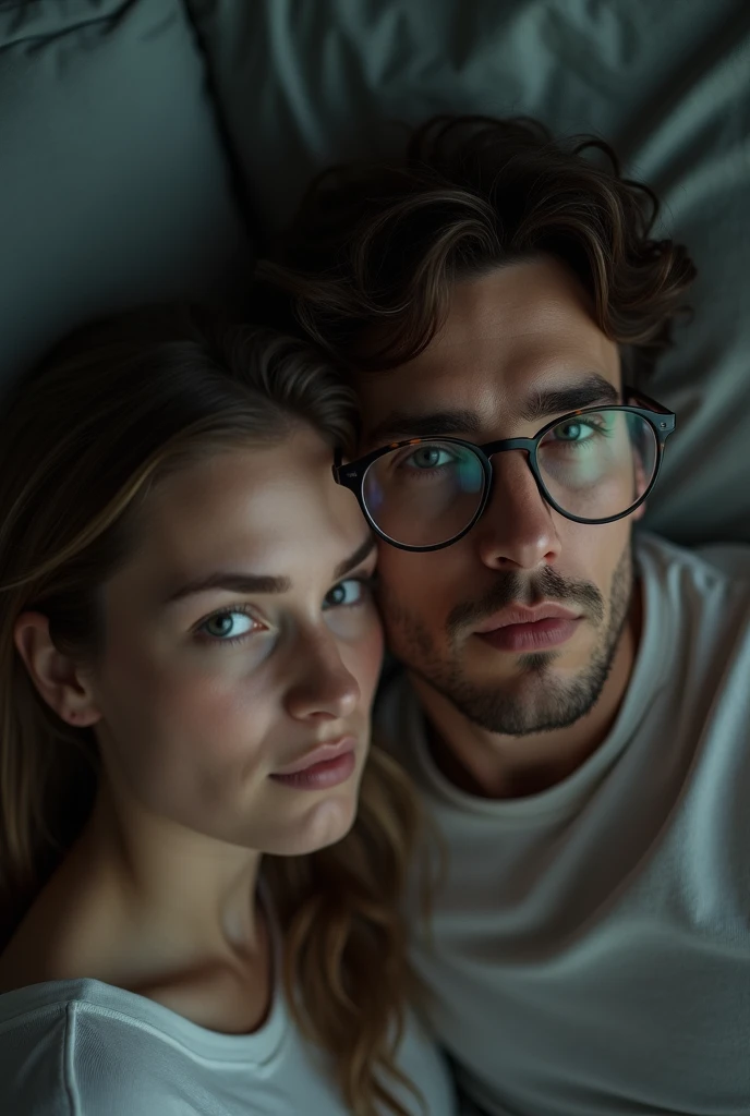 Sad blonde girl crying with glasses laying in bed next to boyfriend

