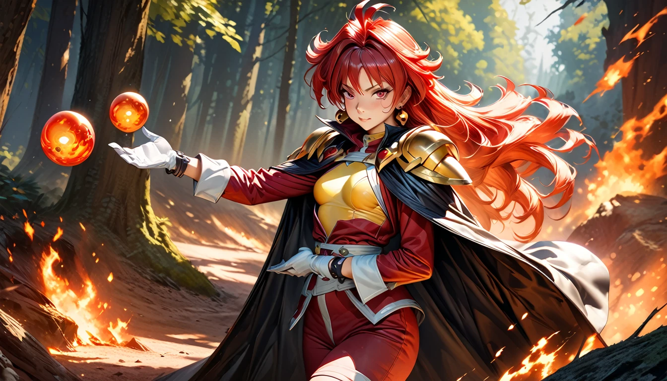 (masterpiece, best quality:1.2), lina inverse from slayers, solo, 1girl, lina inverse, very large red hair, red eyes, small breast, white leather gloves, white leather boots, red jacket, yellow mini top, red pants, black head band, black cape, black leather bell, black shoulder pads, golden earrings, ball earrings, black bracelet, action scene, action pose, fire ball in hands, shiny fire ball, shiny skin, reflective skin, on the forest, forest bacground, intrincate clothes patterns intrincate clothes patterns, intricate background detailed, photorealistic, realistic facial features, realism, hyper detailed, hyperrealistic, 8k, {{{extremely detailed}}}, (extremely detailed CG unity 8k wallpaper, masterpiece, cinematic lighting, warm color tones, dramatic shadows, concept art, digital painting