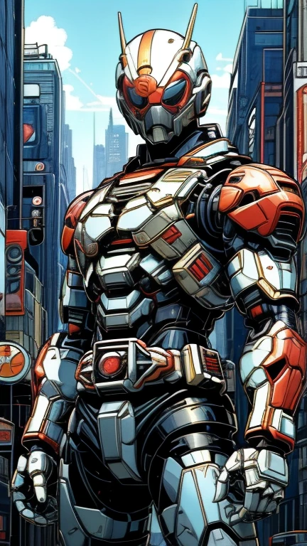 Masterpiece artwork, best qualityer, highres, realisitic, upperbody,
1boy, Homem de ferro, MechUltraman, gazing at viewer, doradas, offwhite, rot, Power Armor, Full Armor, (translucent: 1.4), (position: 1.1), bio-mechanical,
mini city, metalic reflection, lighting dramatic, 3d, super verbose, octane render,