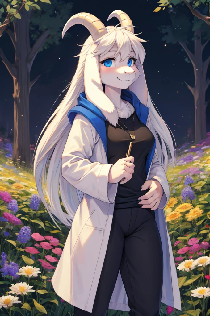 woman, young adult, shy, alone, in a field of flowers, furry, goat, anthropomorphic goat, Asriel, Undertale ((Asriel Dreemurr)), medium large breasts, big ass, wide hips, perfect female body, tall, (( long hair, long white hair, straight hair )), blue eyes, anthropomorphic face, cartoon, smile, eskimo coat ((blue coat, no drawing, eskimo coat)), metacarpal paw, black blouse ((black shirt, black pants)), goat's tail, short horns, white horns ((droopy ears, big ears)), goat's paw, anthropoporphic paw, detailed, best quality, best detail, details and quality.