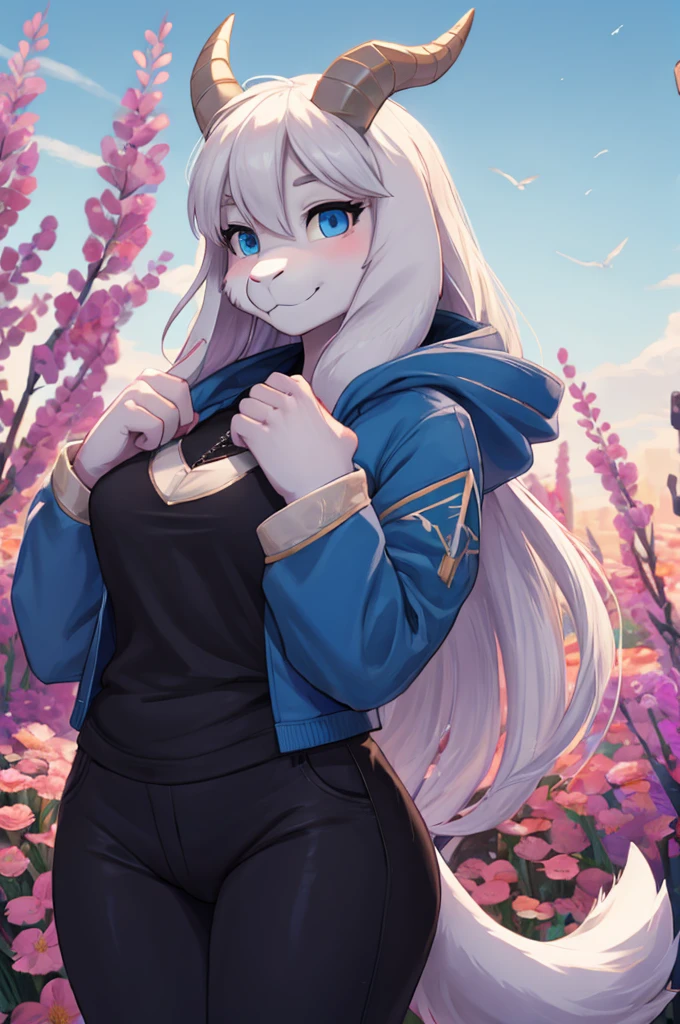 woman, young adult, shy, alone, in a field of flowers, furry, goat, anthropomorphic goat, Asriel, Undertale ((Asriel Dreemurr)), medium large breasts, big ass, wide hips, perfect female body, tall, (( long hair, long white hair, straight hair )), blue eyes, anthropomorphic face, cartoon, smile, eskimo coat ((blue coat, no drawing, eskimo coat)), metacarpal paw, black blouse ((black shirt, black pants)), goat's tail, short horns, white horns ((droopy ears, big ears)), goat's paw, anthropoporphic paw, detailed, best quality, best detail, details and quality.