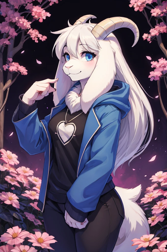 woman,  adult, shy, alone, in a field of flowers, furry, goat, anthropomorphic goat, Asriel, Undertale ((Asriel Dreemurr)), medium large breasts, big ass, wide hips, perfect female body, tall, (( long hair, long white hair, straight hair )), blue eyes, anthropomorphic face, cartoon, smile, eskimo coat ((blue coat, no drawing, eskimo coat)), metacarpal paw, black blouse ((black shirt, black pants)), goat's tail, short horns, white horns ((droopy ears, big ears)), goat's paw, anthropoporphic paw, detailed, best quality, best detail, details and quality.