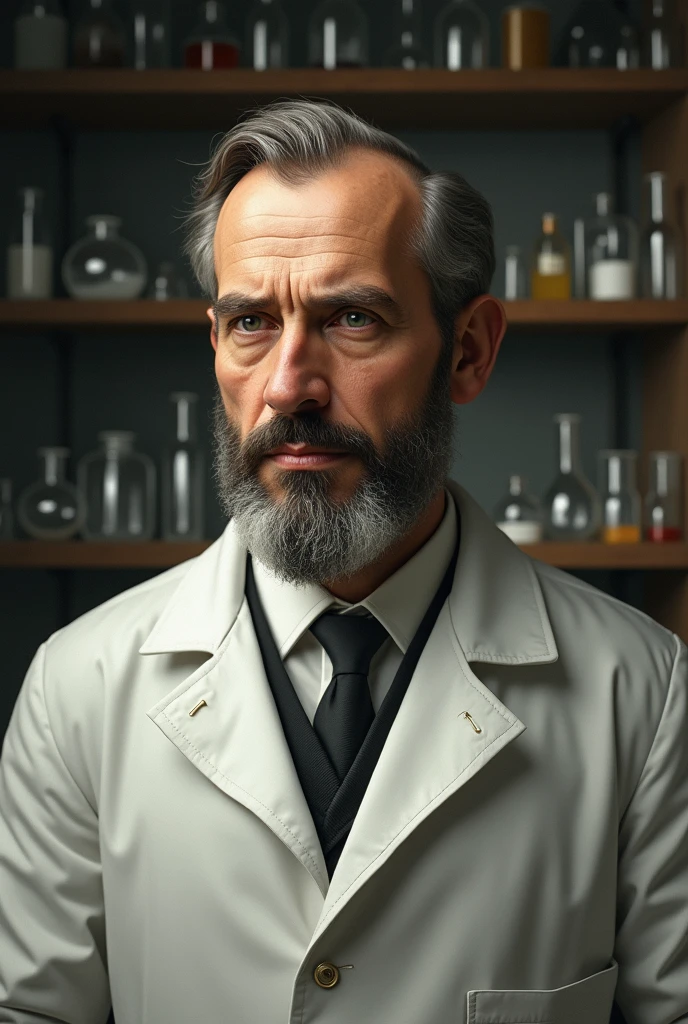 Create oil art of a mad scientist in futuristic science attire adorned with paraphernalia that emphasize his innovative genius.